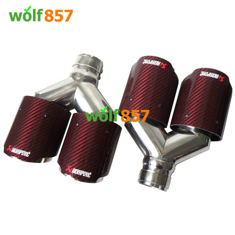 Universal AK Style Dual Y-shaped Red Carbon Fiber Chrome SUS304 Exhaust Tips