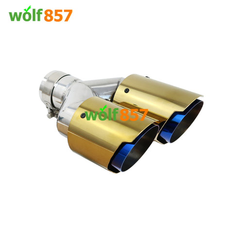 Unversal Y Style Dual Outlet Gold Cover Blue Inner Stainless Steel Exhaust Tip