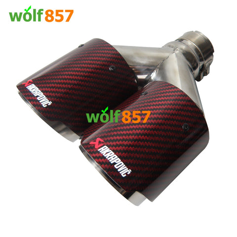 Universal AK Style Dual Y-shaped Red Carbon Fiber Chrome SUS304 Exhaust Tips