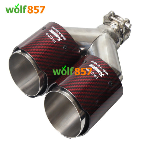 Universal AK Style Dual Y-shaped Red Carbon Fiber Chrome SUS304 Exhaust Tips