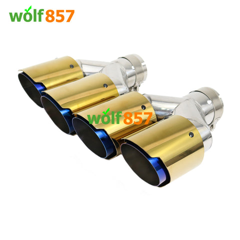 Unversal Y Style Dual Outlet Gold Cover Blue Inner Stainless Steel Exhaust Tip