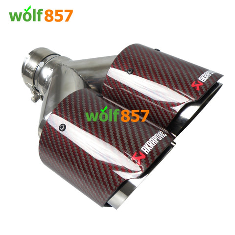 Universal AK Style Dual Y-shaped Red Carbon Fiber Chrome SUS304 Exhaust Tips